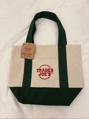 Trader Joe's Canvas Mini Tote Bag - Natural with Green Trim